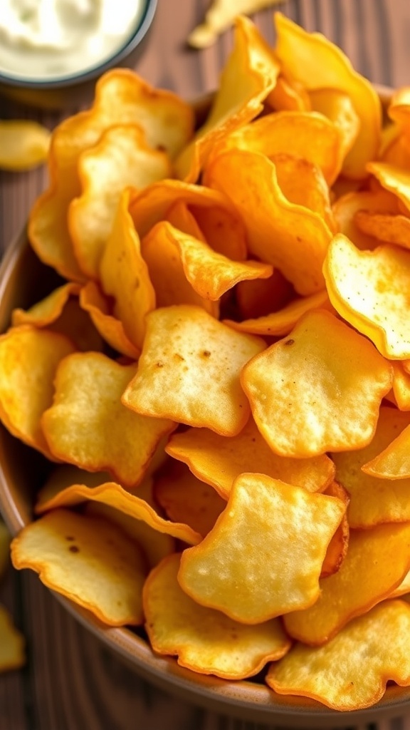 A bowl of crispy potato chips with a small dish of dip on a wooden table.